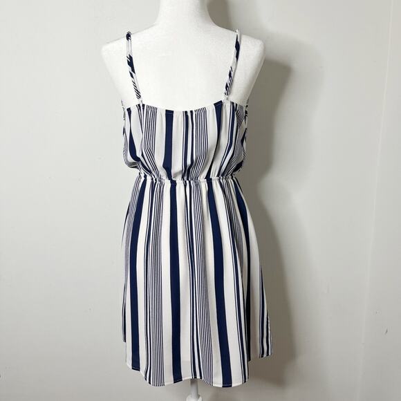 Monteau Womens Blouson Dress L Blue White Stripe Mini Sleeveless Spaghetti Strap - Picture 6 of 8